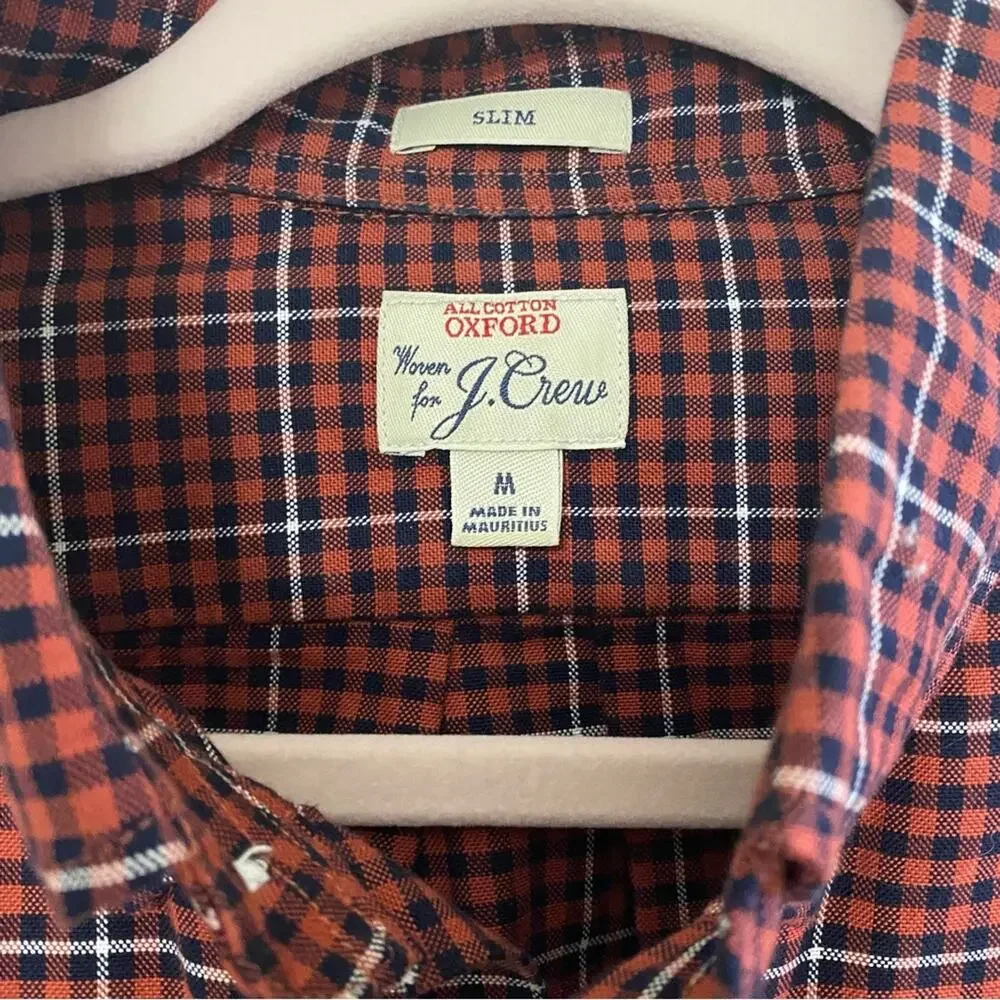 J. CREW • Orange + Navy Gingham Slim All Cotton Oxford Button Down Shirt